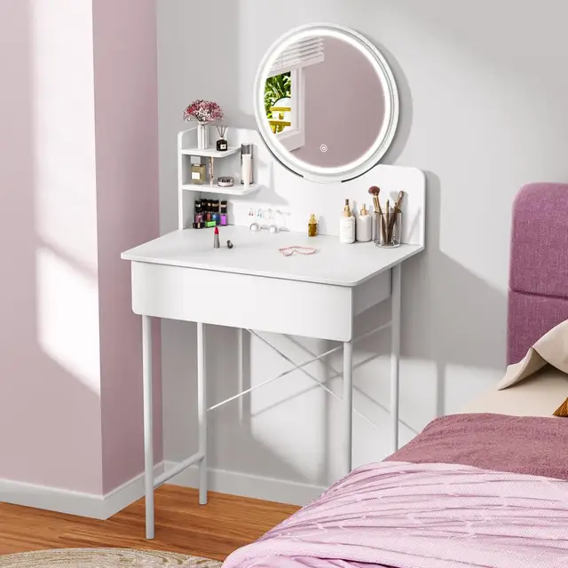 Bedroom Dressing Table 3 Modes Brightness Adjustable Makeup Vanity Desk with LED Lighted Mirror Vanity Table with 1 Drawer