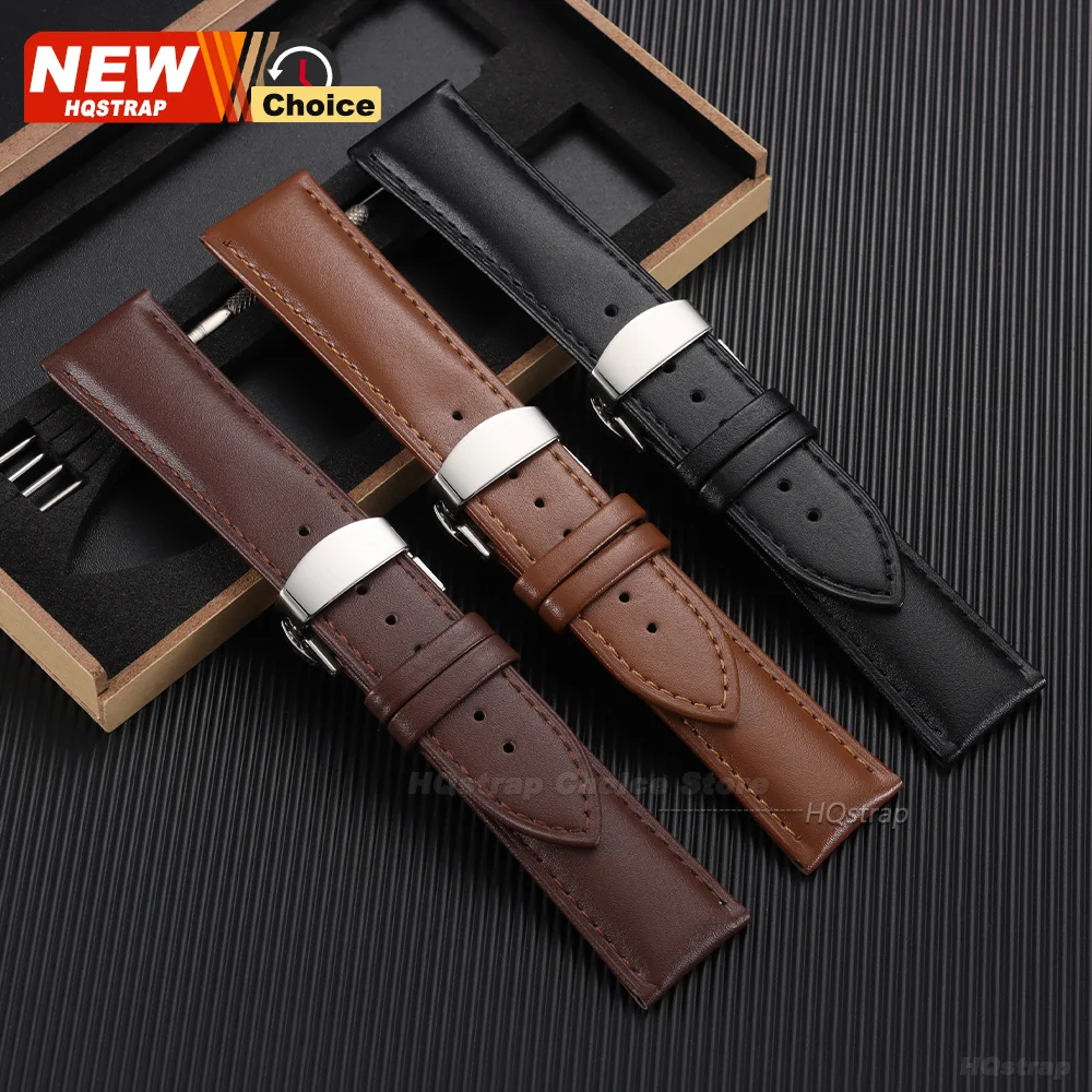 Luxurious Genuine Calfskin Leather Watch Strap with Butterfly Buckle in Elegant Wooden Box