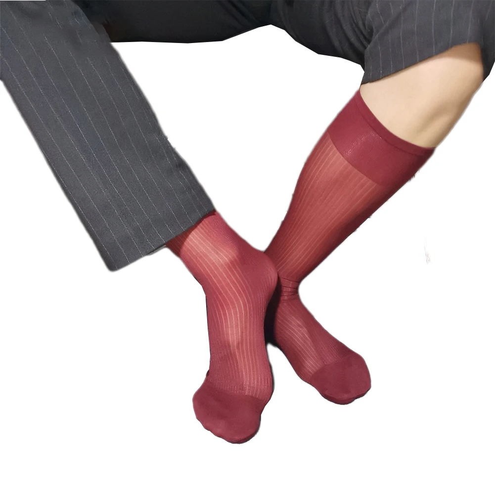 Mens Sexy Lightweight Thin Striped Socks See-Through Sheer Stockings Business Dress Tube Socks Formal Soft Men's Suit Stockings
