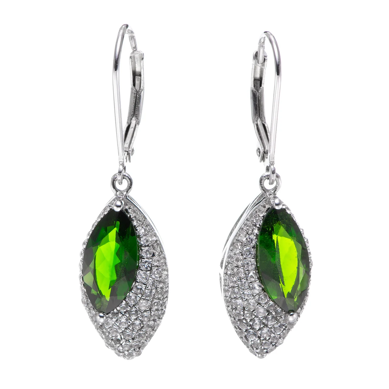 

6x12mm Chrome diopside and White Topaz Rhodium Over Sterling Silver Earrings