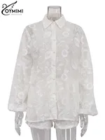 Oymimi Summer White Cotton 2 Piece Sets Women Outfit Casual Jacquard Button Wrist Sleeve Shirts And High Waist Shorts Female Set - Image 4