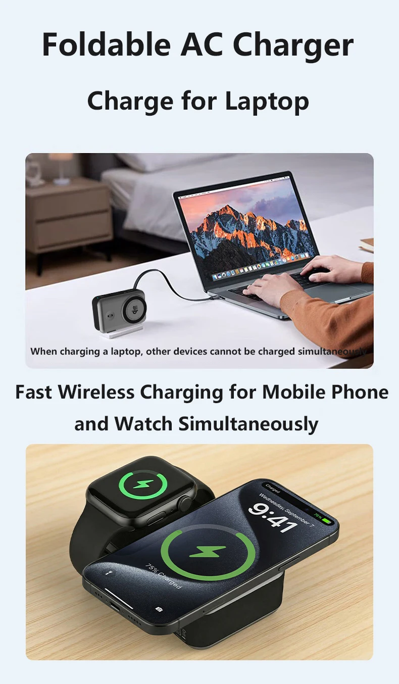 Solid-state Battery Qi2.2 25W Magnetic Wireless Power Bank PD65W Fast Charger for iPhone 17 iWatch Laptop Powerbank with AC Plug