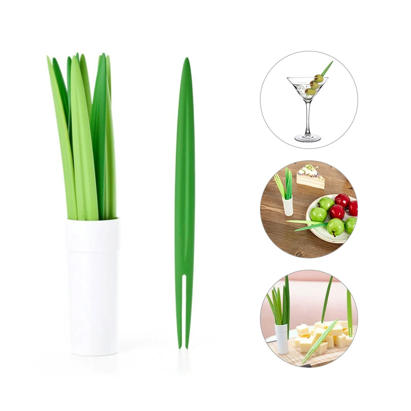 10pcs/lot Green Bamboo Leaf Fruit Fork Chopsticks Cocktail Fork  Wedding Festival Birthday Kitchen Gadget Fruit Tools