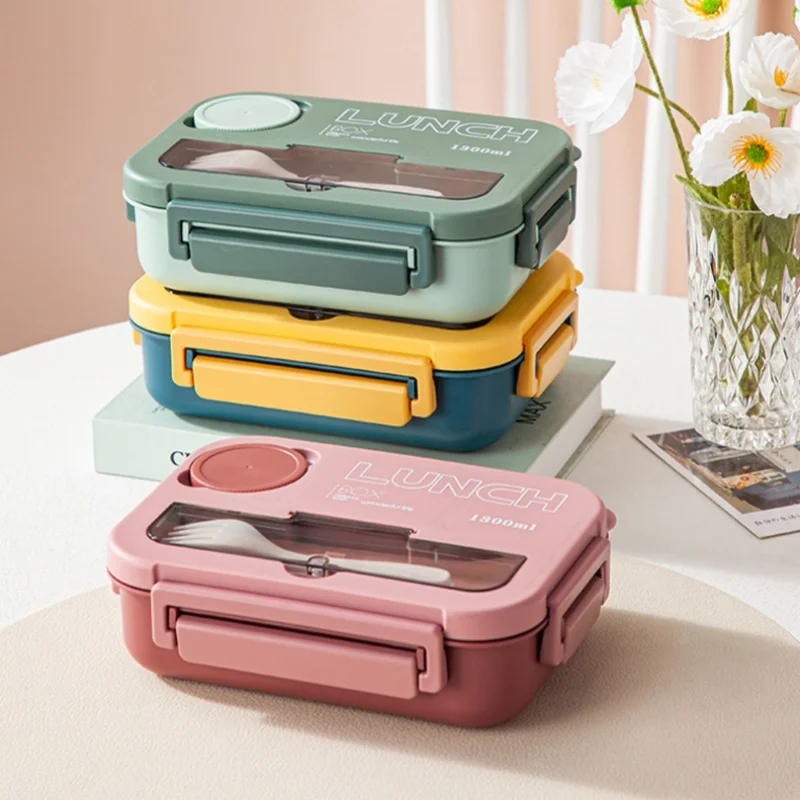 Lunch Box Compartment 1300ML Portable Kids Students Office Bento Box With Fork and Spoon Microwave Food Storage Container
