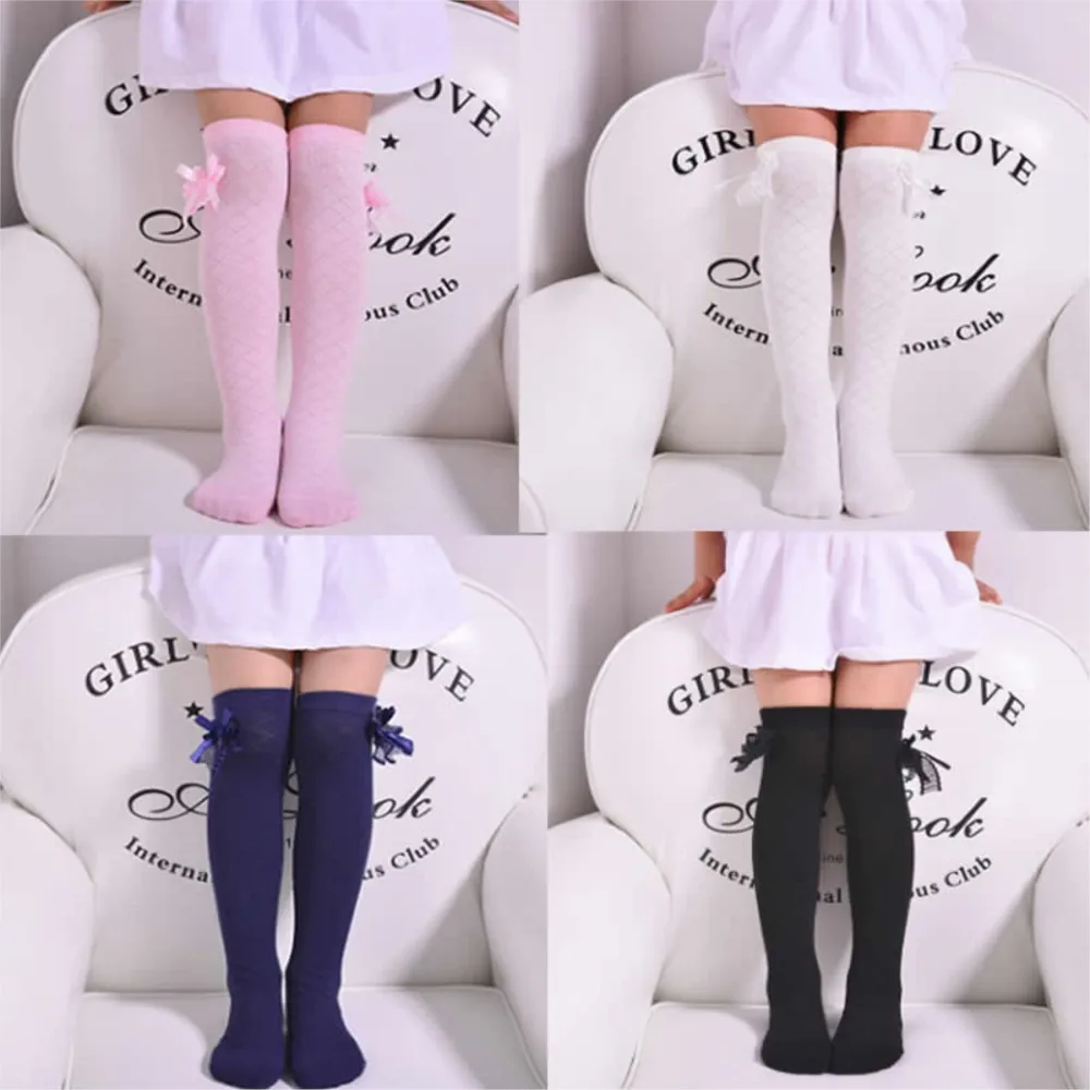 Kids Socks Fall Tube Rhombus Lattice Girl princess cotton lace bowknot thin 100% knee high above long