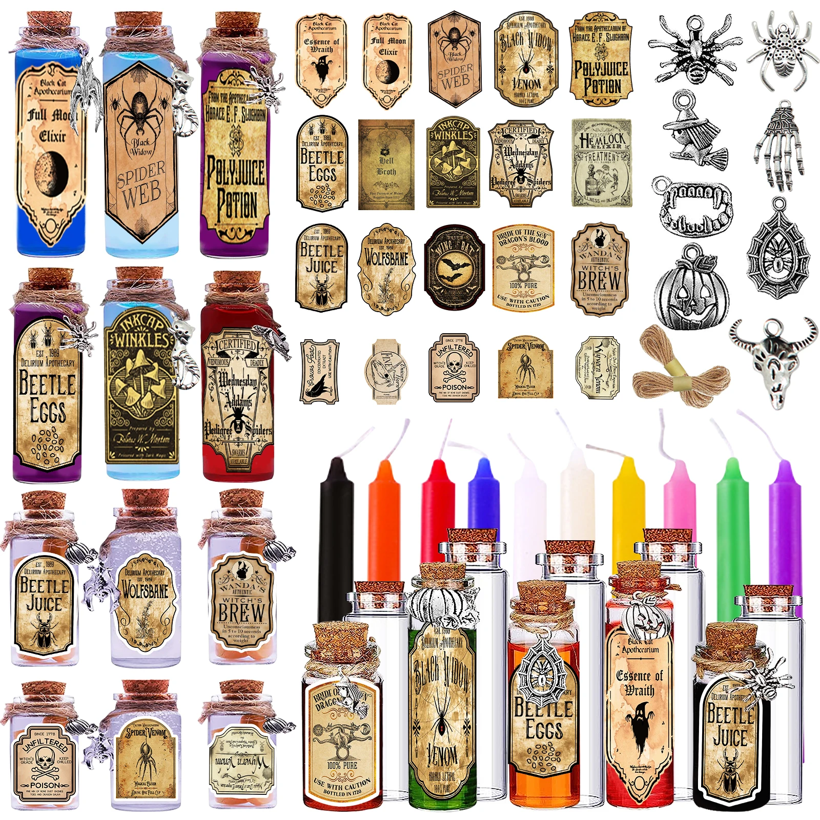 174 Pcs Halloween Potion Bottles with Cork, Halloween Decorations Indoor Witchcraft Supplies Apothecary Bottles with Halloween