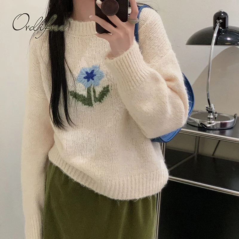 

Ordifree 2023 Autumn Winter Women Knitted Sweater Pullovers Floral Embroidery Vintage Chic Sweater Female Jumpers