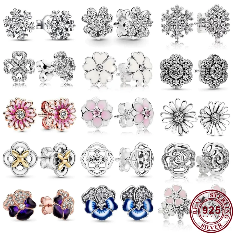 

925 Silver Women's Hot Selling Exquisite Rose Shining Snowflake Original Logo Daisy Earrings Fashion Festival DIY Charm Jewelry