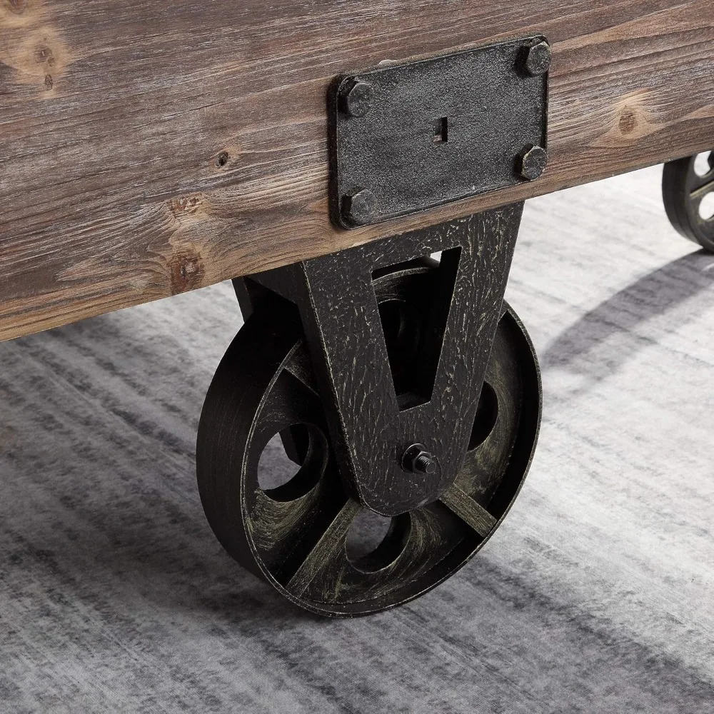 Factory Cart Coffee Table, Vintage Center Table with Wheels for Living Room, Rectangular, Wood 4