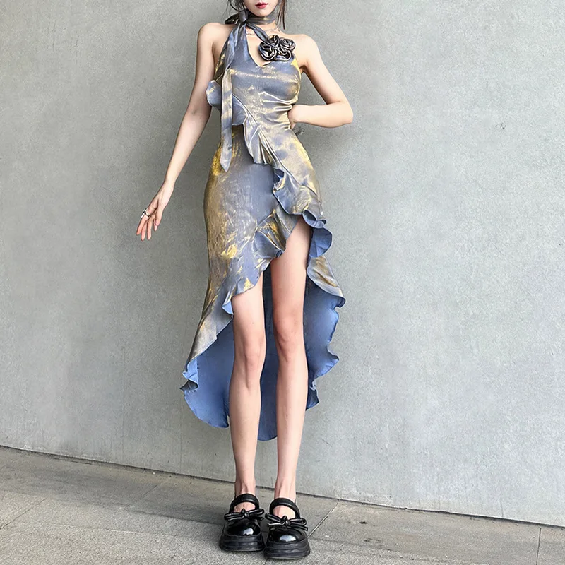 

Elegant Women Backless Dress Luffles Hanging Neck Sleeveless Sexy Slim Dresses Shining Club Party Ball Dress for Women 2023 New