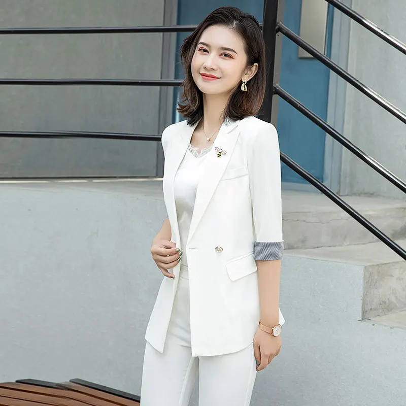 

Professional Suit Pants Women's White Suit Mid-Length Overalls Sales Jewelry Store Versatile 3/4 Sleeve Suit Jacket