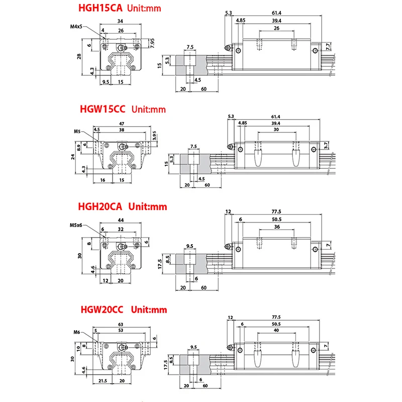 HGW30CA Deslizante uso Jogo Bloco HGR15 HGR20 HGR25 HGR30 guia Linear CNC
