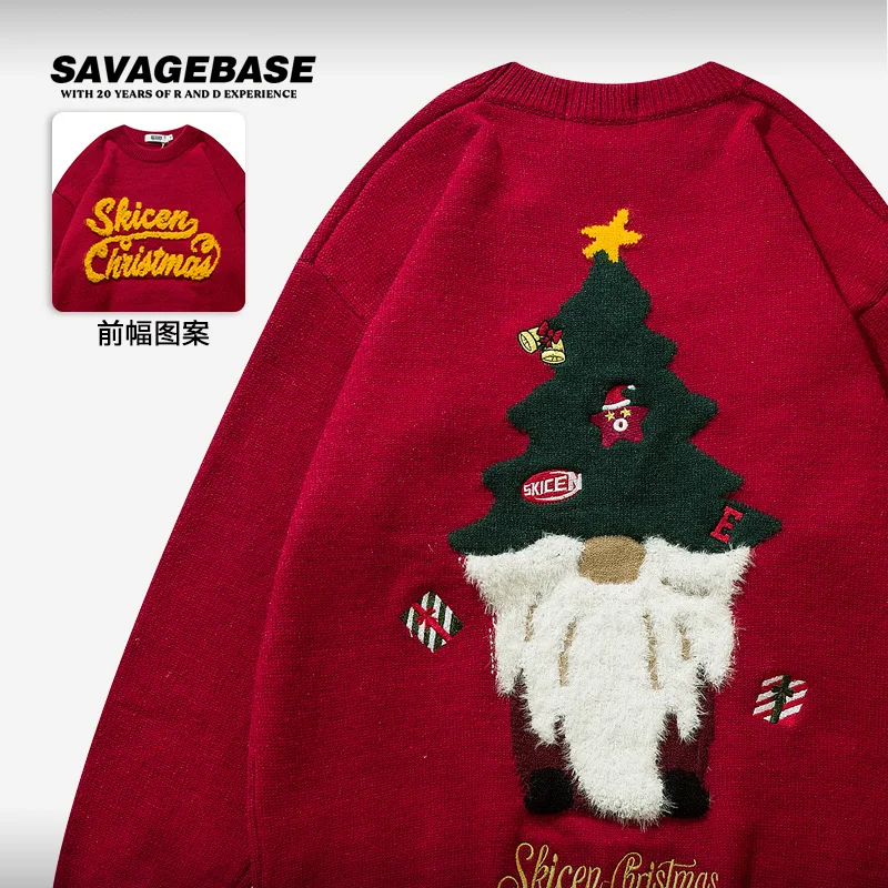 

HOUZHOU Vintage Christmas Sweater Men's Knitted Sweaters and Jumpers Red Couple Oversize Pullovers Male Retro Winter Streetwear