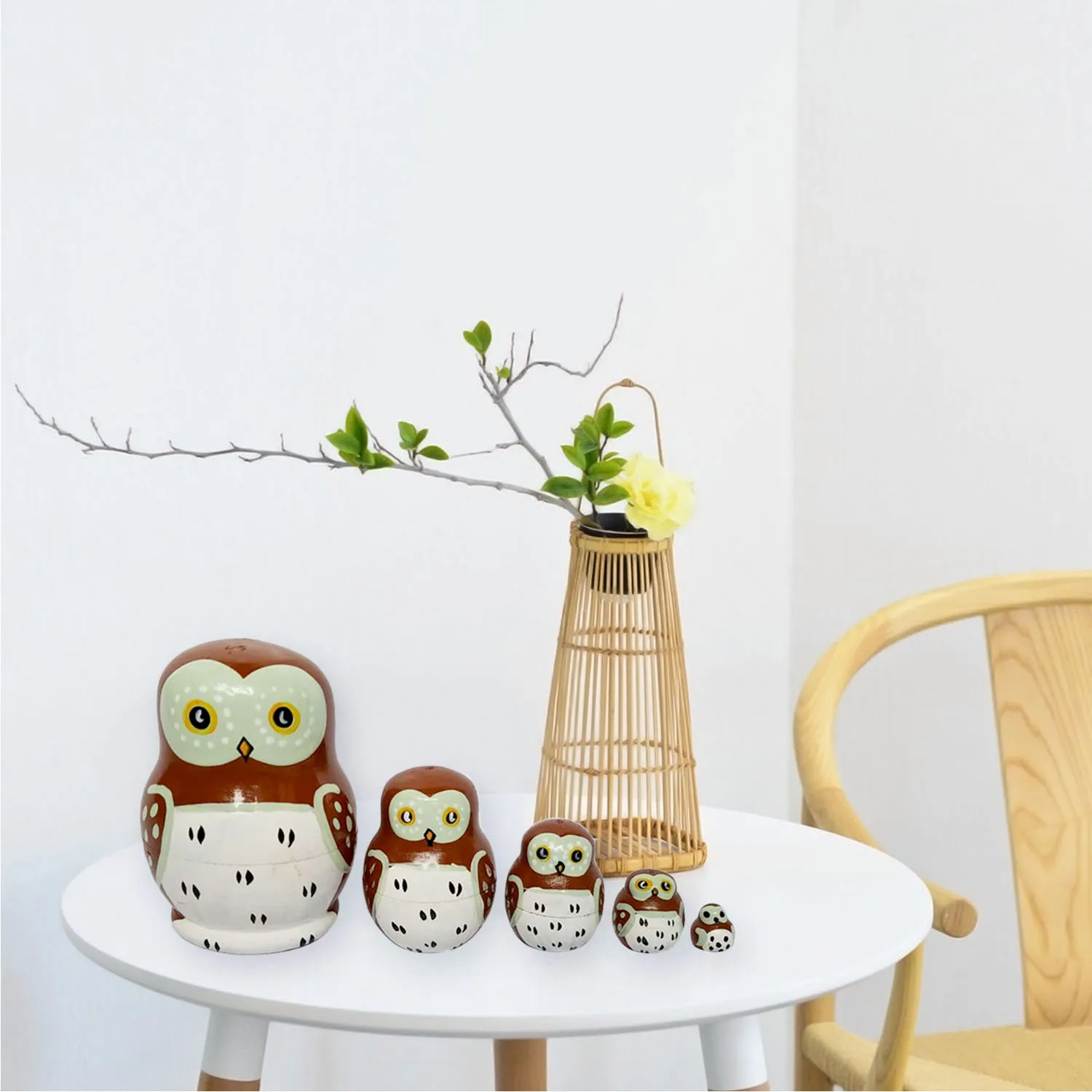 Besegad 5PCS 5Layer Cute Lovely Cartoon Wooden Owl Nesting Dolls Wood Matryoshka Doll Russian Dolls Stacking Dolls Play Toys