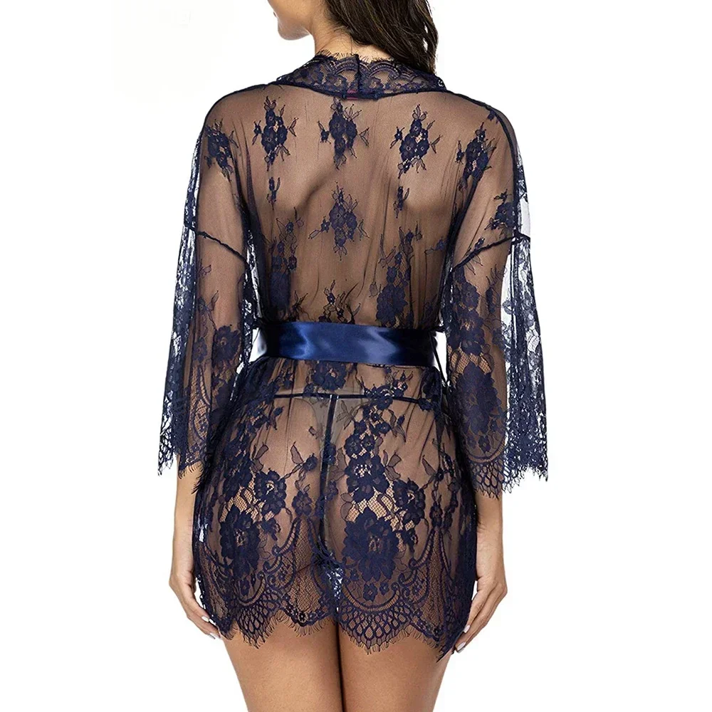 Sexy Lace Robe Dress+G String Thongs Women Erotic Transparent Sleepwear Pajamas Lace Nightdress Underwear