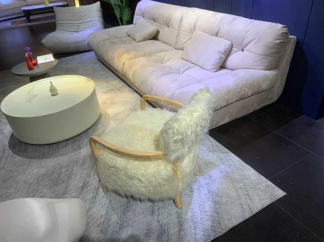 Description Picture 4 of itemNordic Fabric Living Room Chairs Home Furniture Wooden Lounge Chairs Light Luxury Creative Living Room Back Armchair with Pedal