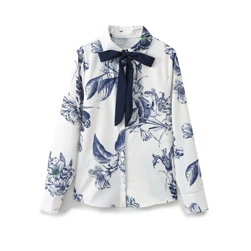

Women's 2024 Fashion Bow Decoration Print Casual Flip Collar Women's Shirt Retro Long sleeved Button Women's Shirt Unique Top