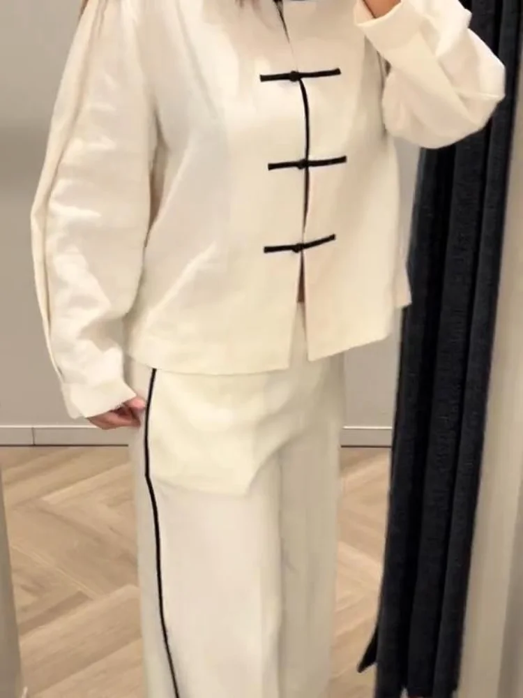 Conjunto Feminino de Calças de Linho Vintage com Blusa de Botões e Calças de Perna Larga - Roupa Casual Elegante para Escritório Primavera Verão 2