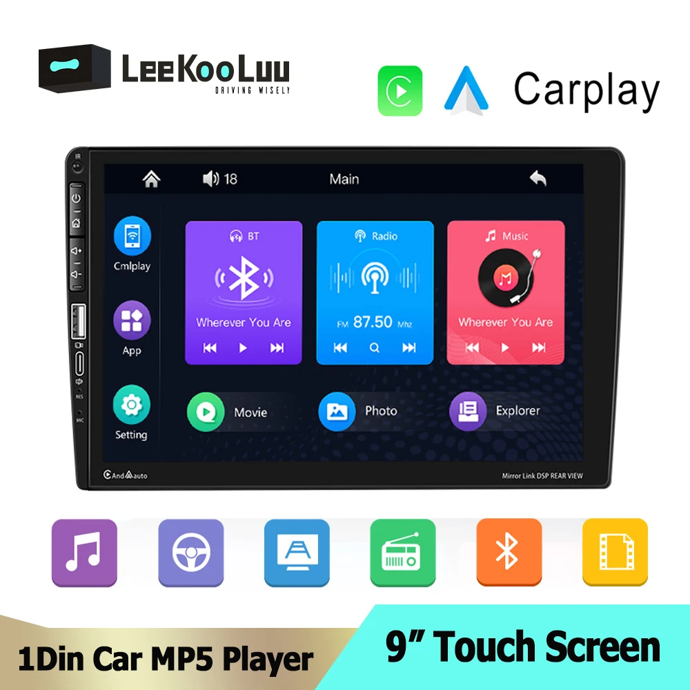 

Автомагнитола LeeKooLuu, 1 Din, 9 дюймов, HD, проводное Авторадио Carplay/Android, Bluetooth, MP5, видео, центральный мультимедийный плеер