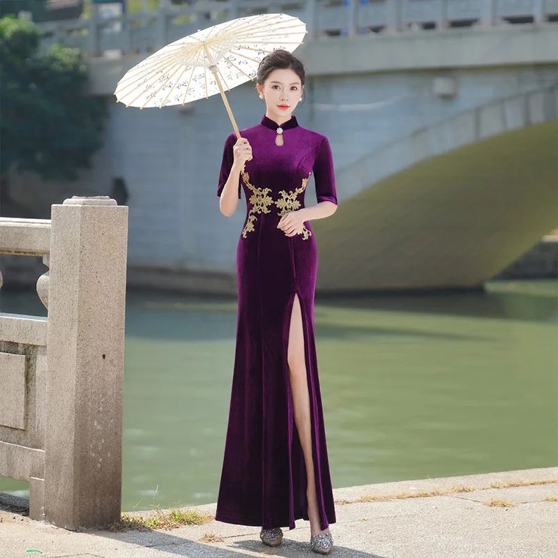 

Plus Size 3XLVintage Velvet Cheongsam Classic Mandarin Collar Split Qipao Sexy Lady Mermaid Long Chinese Dress Performance Wear
