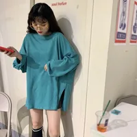 Women T-shirt Slit Loose Oversize Tees Solid Round Neck Simple Dress  Fashion Ladies  Casual Autumn  Long Sleeve Basic Tops