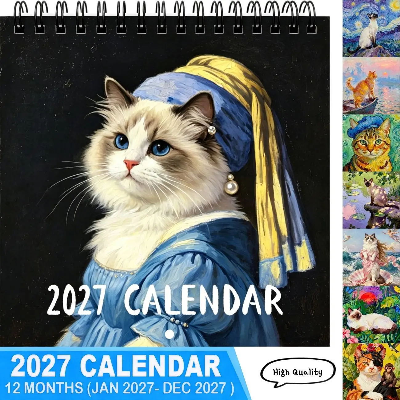Calendario da Parete 2027 con Famosi Dipinti di Gatti, 12 Mesi (Gennaio-Dicembre), Calendario Artistico a Spirale da Appendere, Regalo per Amanti dei Gatti, Decorazione per Casa e Ufficio - immagine 4