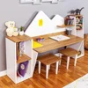 Kid's Study Desk with Bookshelf + 2 Stools for Ages 3-8, Wooden Children Activity Table with Hutch and Shelves, Kids Bedroom 5