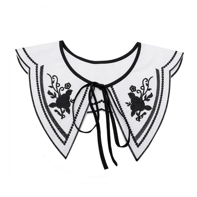 

Women Shawl Detachable White Collar Vintage Embroidery Black Rose Leaves Half Shirt Dickey Elegant Decorative Capelet