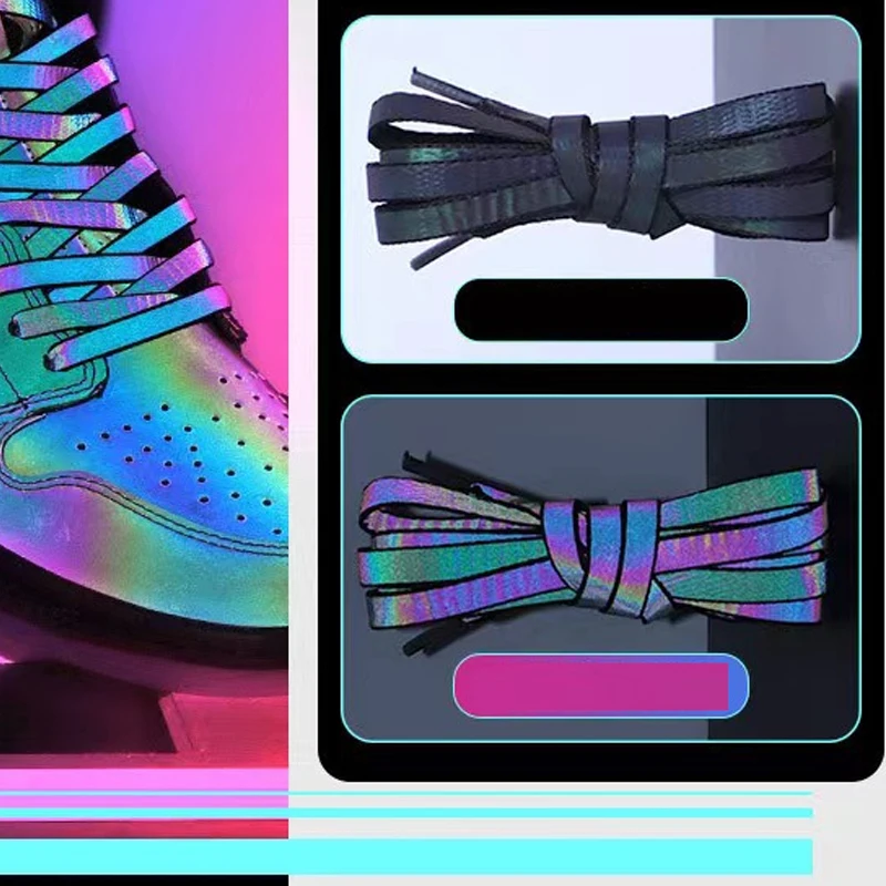 

Shoelace holographic reflective laser chameleon basketball shoes sports flat black and white shoe rope