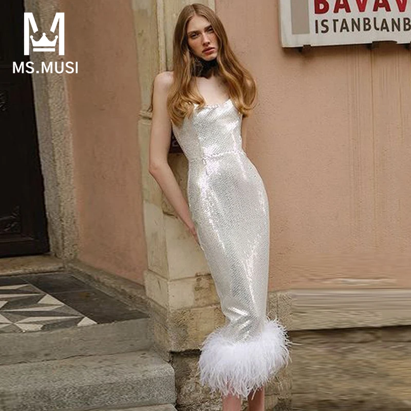 

MSMUSI 2023 New Fashion Women Sexy Silver Strapless Feather Sequins Sleeveless Bodycon Party Club Event Slim Midi Dress Vestidos
