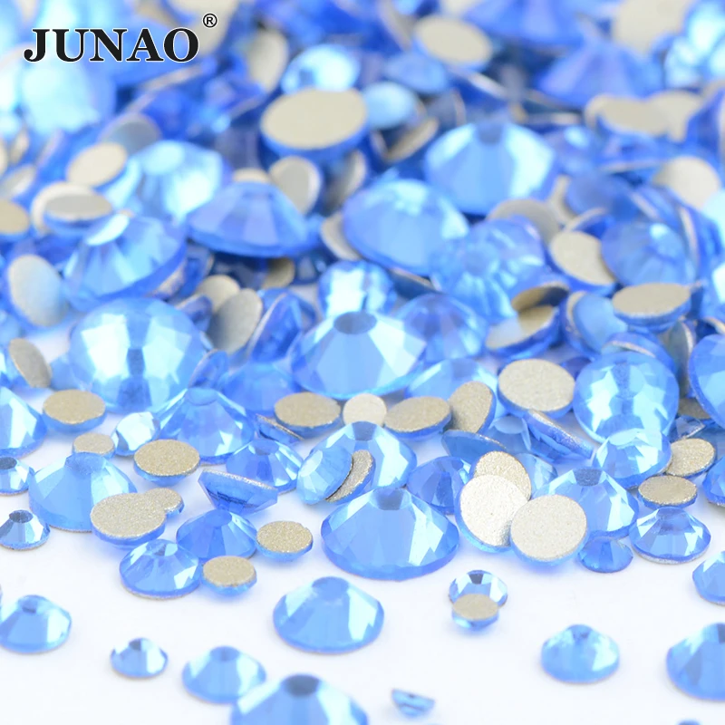 

JUNAO 1400pcs Mix Size Sapphire Color Crystal Flat Back Glass Rhinestone DIY Glitter Stones Stickers 3D Nail Art Accessories