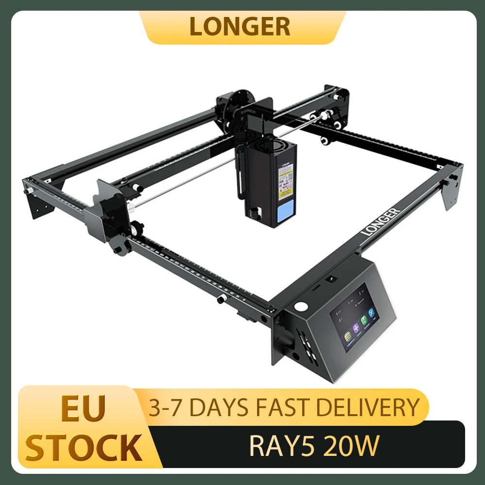 Długa Ray5 20W Laserowa Grawerka i Wycinarka z Stałym Ogniskiem, Rozmiar Punktu Laserowego 0,08*0,1mm, Kolorowy Ekran Dotykowy, 32-bitowy Chipset, Obszar Pracy 375*375mm