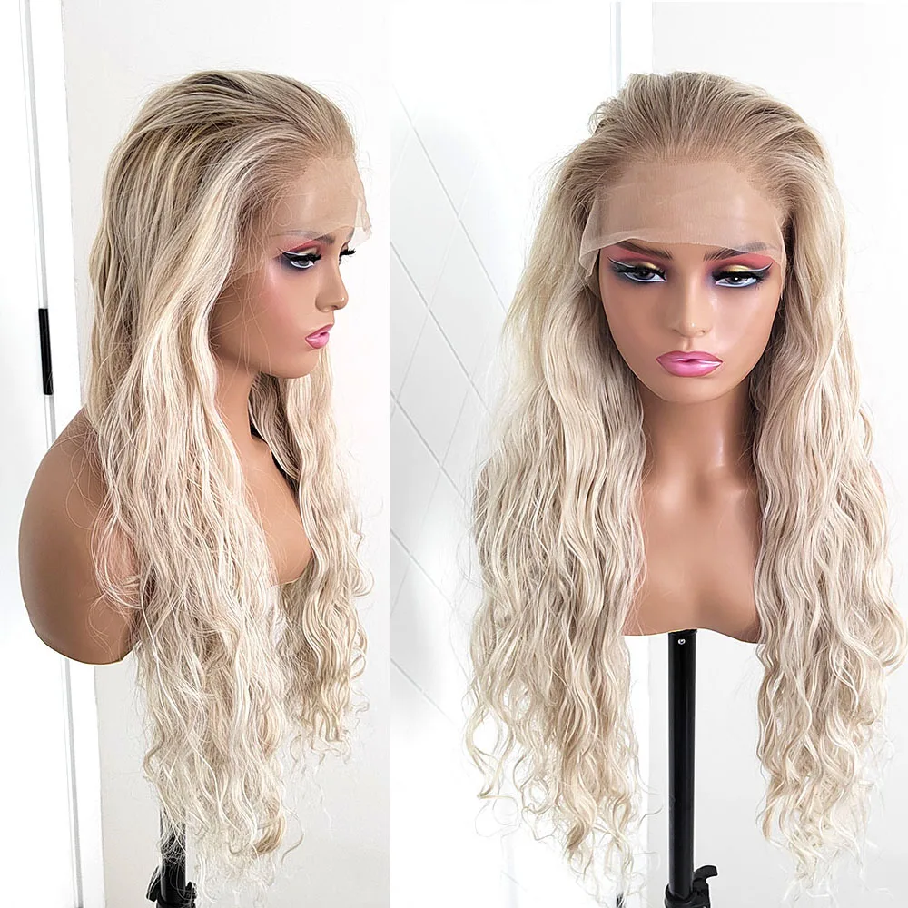 Ombre Blonde Highlight Deep Wave Synthetic Hair Lace Front Wigs for White Women Glueless High Temperature Fiber Cosplay Wigs