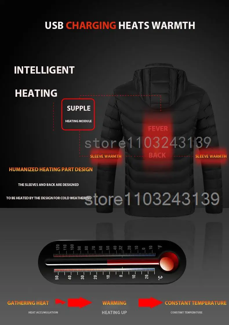 Description Picture 6 of itemHeated Jacket Autumn Winter Men's Women's Warm Vest Heated Vests Coat USB Electric Heating Jacket Heated Hunting Hiking Camping