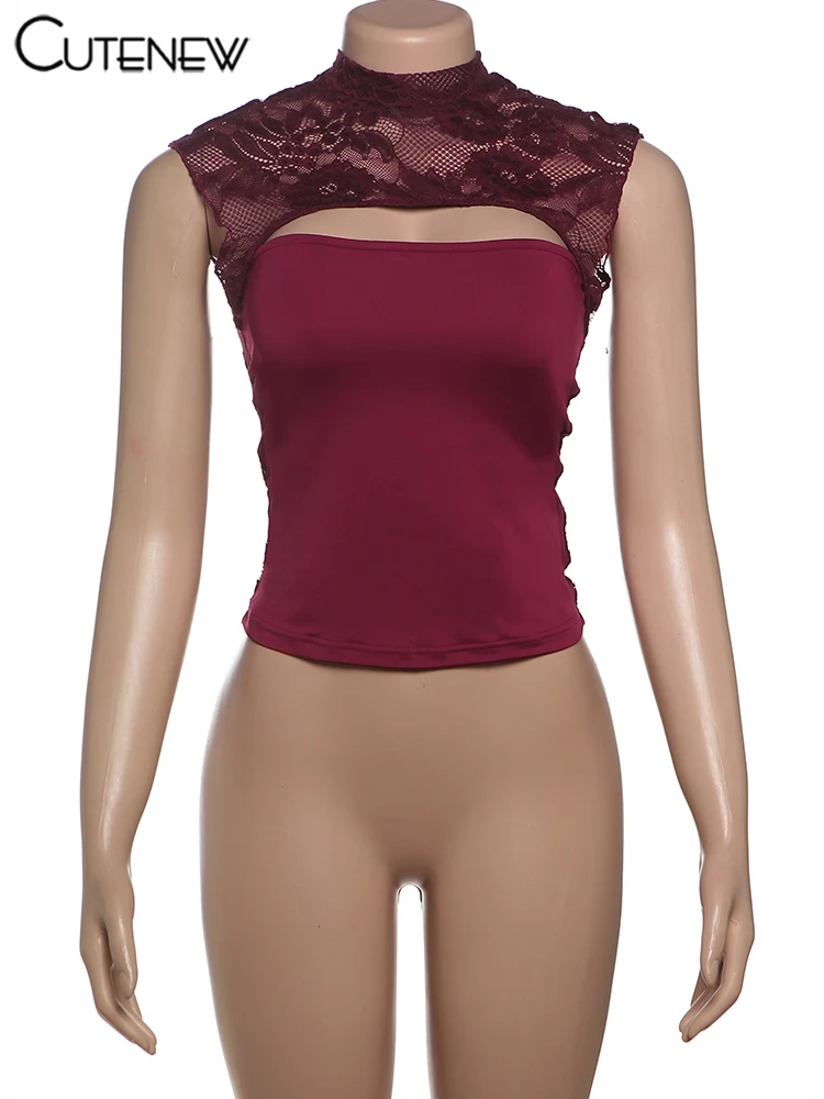 Chalecos de retazos de encaje para mujer, moda sexy, ahuecados, cuello redondo, Jacquard, transparentes, ajustados, elegantes, ropa de calle salvaje, tanques para mujer