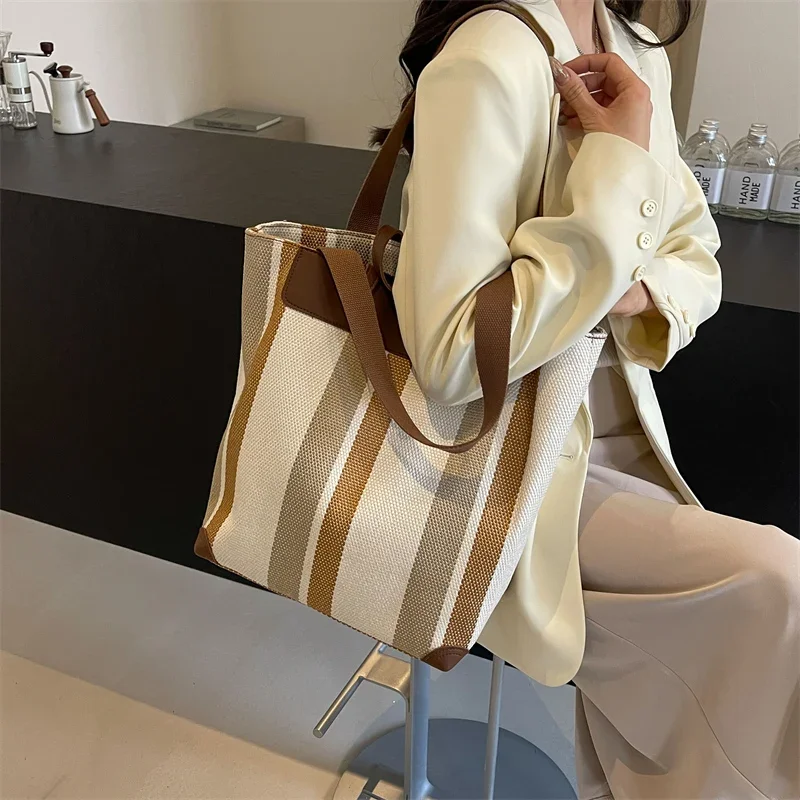 Striped Shoulder Bucket Bags For Women Canvas Fabric Large Capacity Shopping Totes Contrast Color Commute Shopper Handbags 2024 - 4