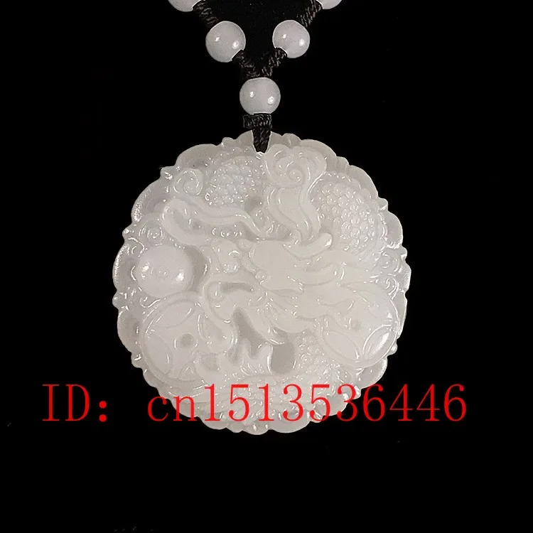 Natural White Jade Dragon Phoenix Pendant Jadeite Necklace Charm Jewellery Fashion Accessories Hand-Carved Man Luck Amulet Gifts