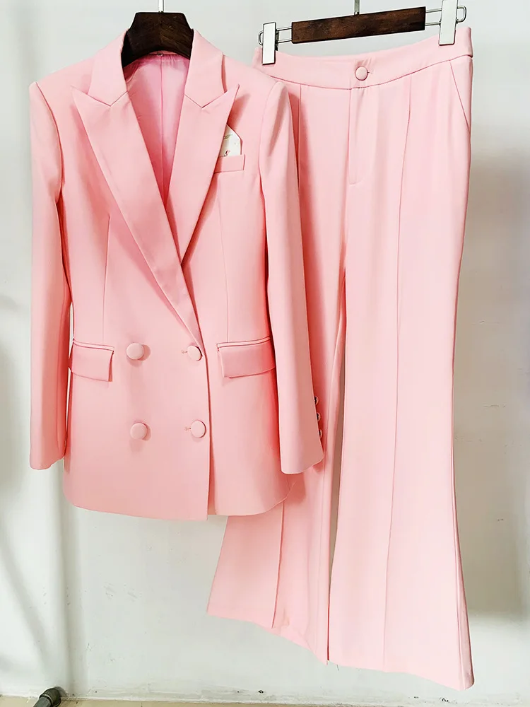 Tesco Pink Women's Suits Set Elegant 2 Pieces Double Breasted Blazer Flare Pants For Office Lady Solid Female Suit blazer mujer