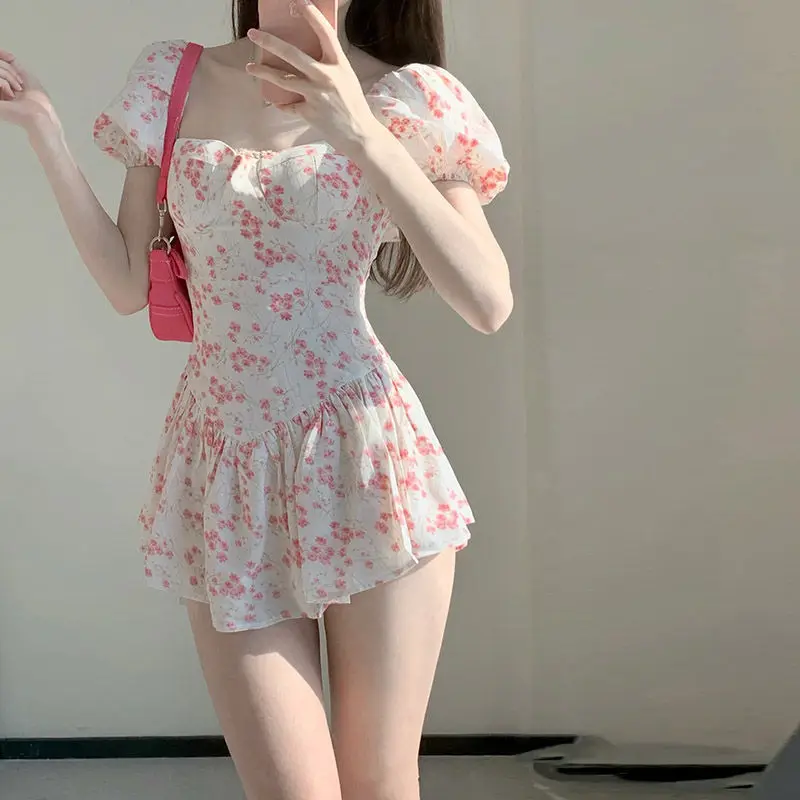 Summer New Printed With Chest Pad Without Steel Support Pure Desire Wind Hot Spring Conservative One Piece Skirt Swimsuit