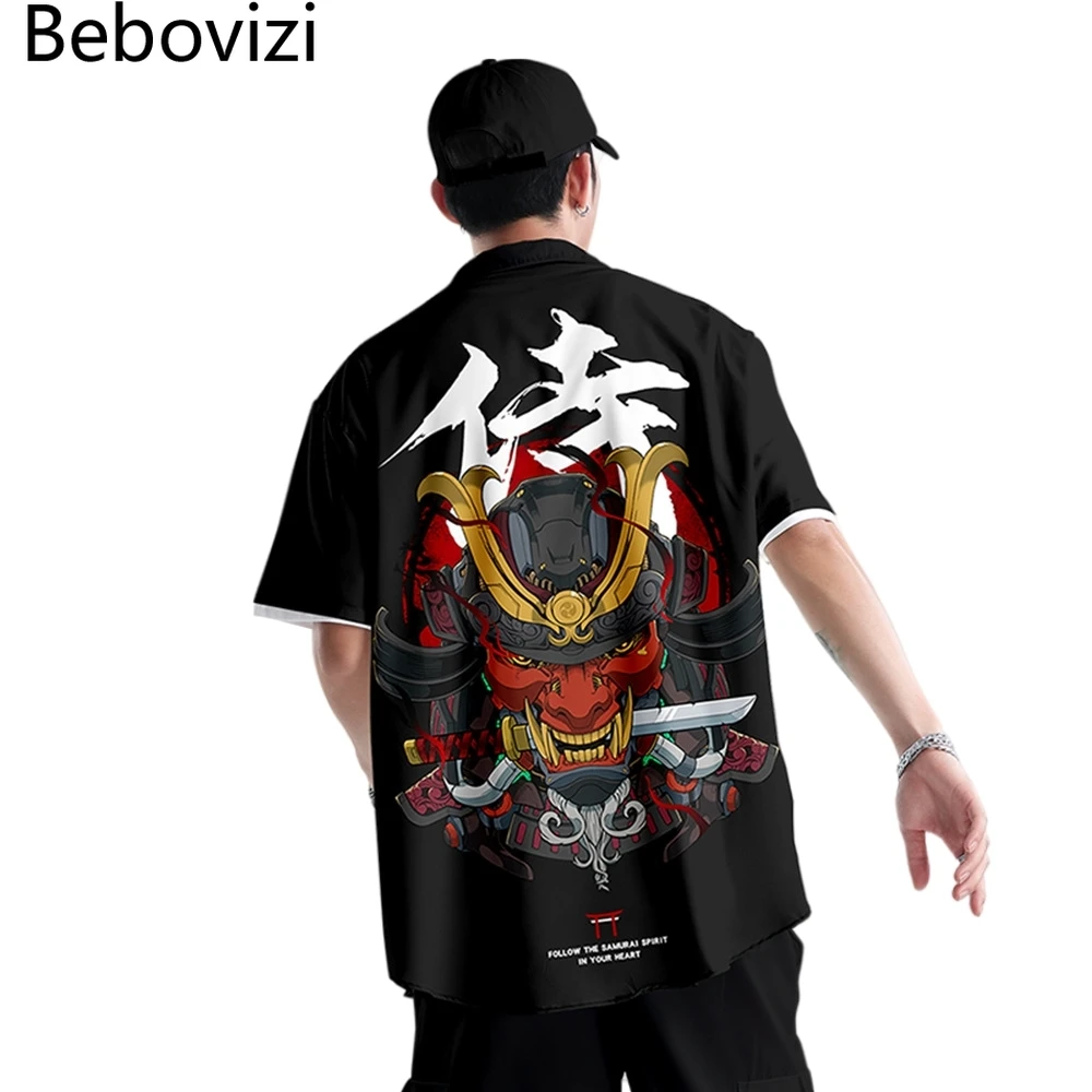 

Streetwear Hawaiian Japanese Ronin Samurai Print Shirt Fashion Summer Short Sleeve Harajuku Aloha Shirt Men Hip Hop Oversized