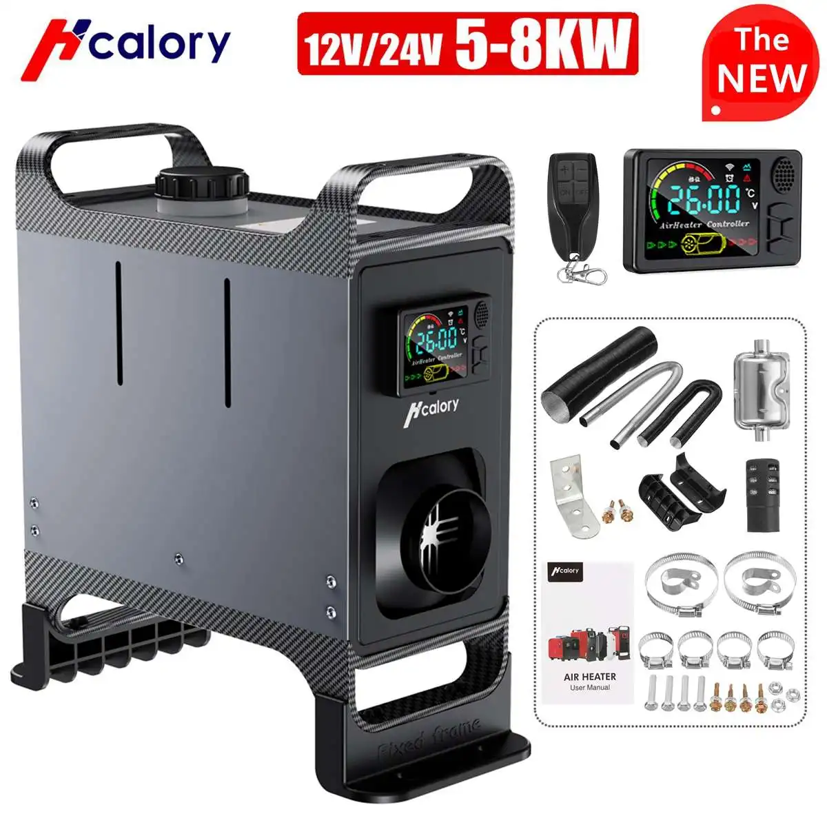 Hcalory 12V 24V Universal 5-8KW Car Parking Diesel Air Heater LCD Screen APP Remote Control Voice Broadcast With Silencer