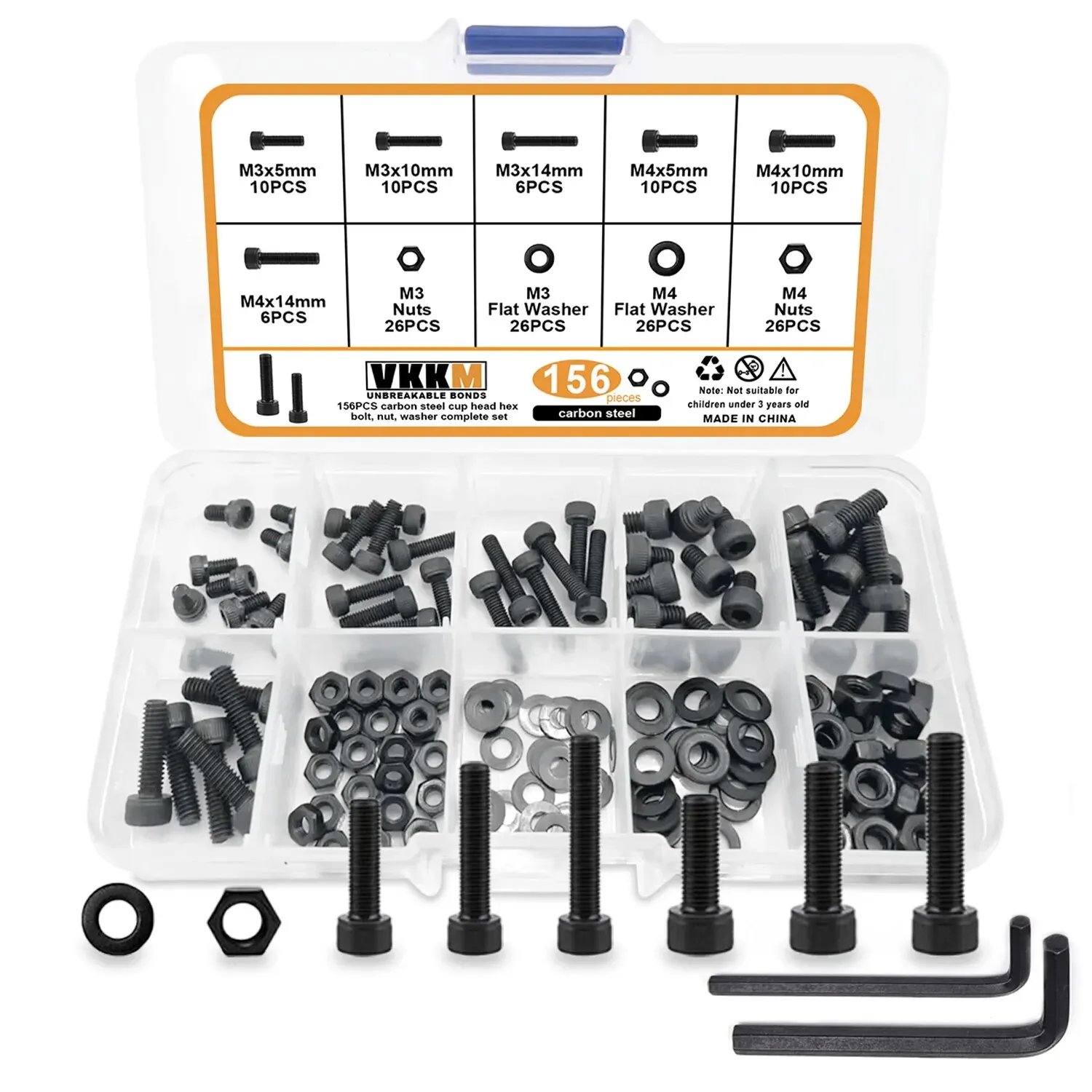 M3/M4 Hex Head Screws M3/M4 Black Cup Head Internal Hexagon Socket Screw Washer Nut Assortment Kit with Wrench 156 Pieces screw bolt nut set hexagon socket head cap screw screw washer nut kit hex nuts assortment kit