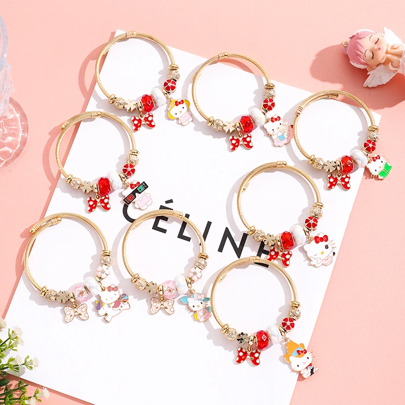 

XiaoboACC Stainless Steel Gold Bracelet Women Anti-allergic Lovely Cartoon KT Cat Bowknot Pendant Opening Bangle Jewelry Gifts