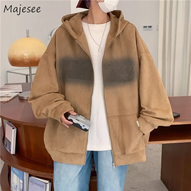 

Jackets Men Zip Up Clothing Hooded Handsome Casual Fashion Baggy Harajuku Brown Outwear High Street Teens Popular Stylish Chic
