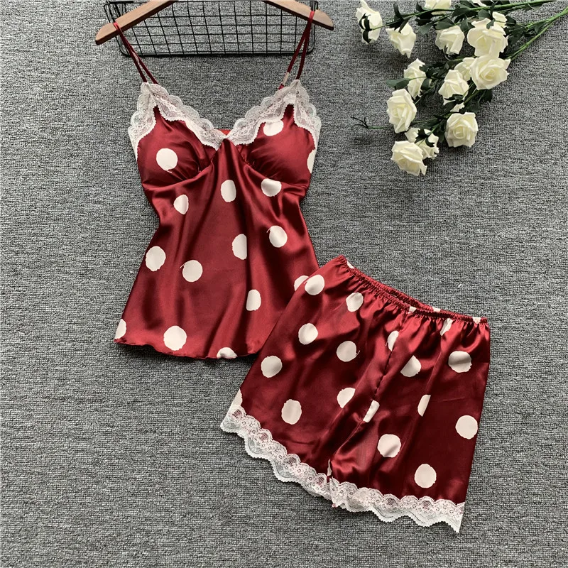 Polka Dot Print Satin & Lace Cami Shorts Set with Built-in Soft Padded – Top-Rated Women's Loungewear in Europe & America 3