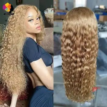 Honey Blonde Colored #27 Human Hair Wigs Water Wave 13x4 Lace Front Human Hair Wigs Transparent Lace Pre Plucked Hairline Curly 1
