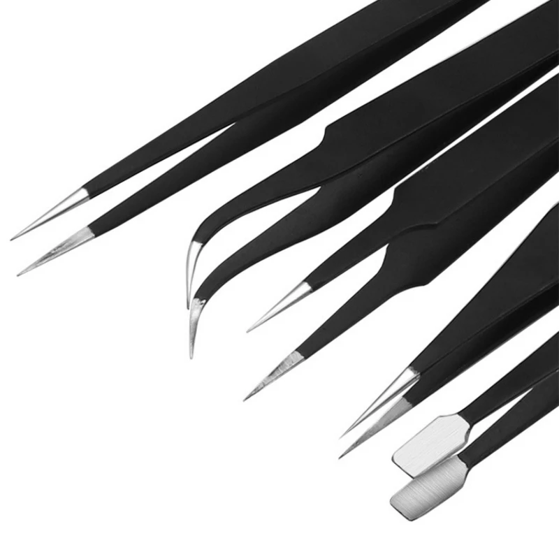Precision Tweezers 3-10pcs Anti-static ESD Stainless Steel Tweezers Maintenance Tools Industrial Curved Straight