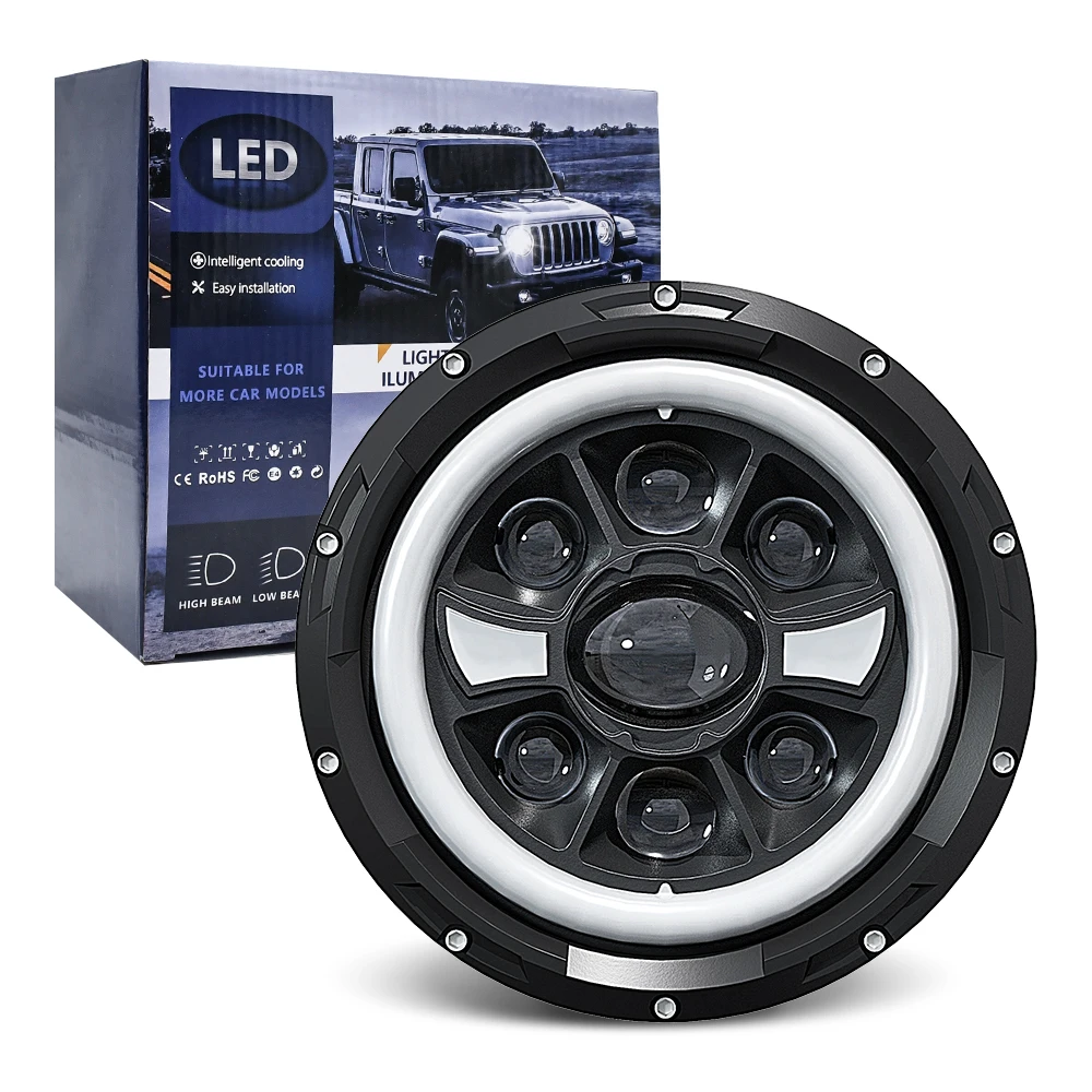 DRL 4x4 7inch Round Headlight with High/Low Beam Turn Signal Jeep Crystal Len 4