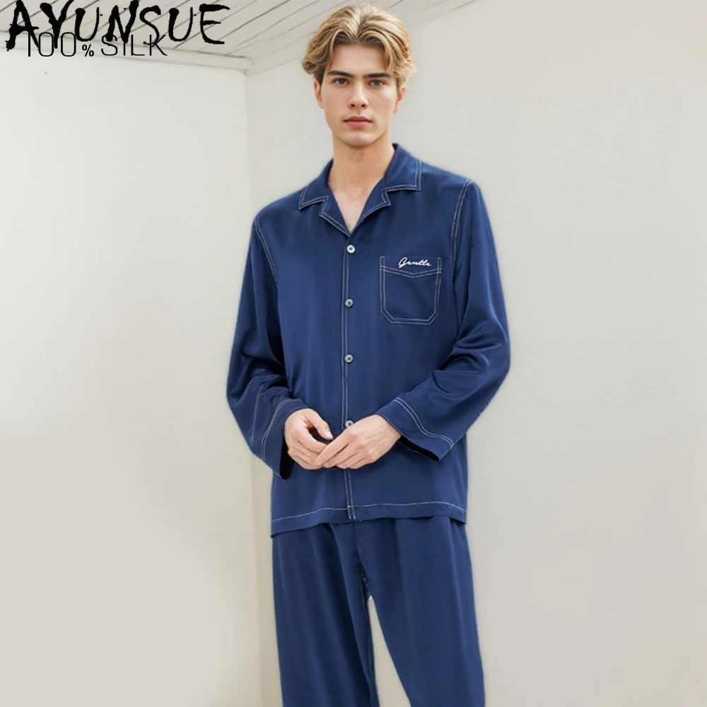 AYUNSUE 19MM 100% 리얼 멀베리 실크 파자마 세트 봄 여름 긴팔 탑 팬츠 남성 얇은 스타일