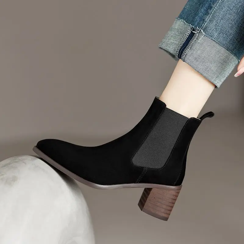 

Size 34-43 Suede Genuine Leather Thick Heel Women Boots Female Fashion Autumn Winter Office Work Ankle Boots Easy To Walk